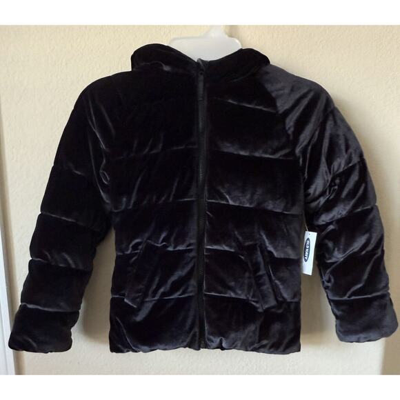 Old Navy Black Velvet Lined Hooded Full Zip Up Girls’ Puffer Jacket Size M 8 - Picture 2 of 6